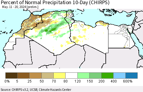 North Africa Percent of Normal Precipitation 10-Day (CHIRPS) Thematic Map For 5/11/2024 - 5/20/2024