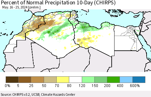 North Africa Percent of Normal Precipitation 10-Day (CHIRPS) Thematic Map For 5/16/2024 - 5/25/2024