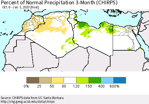 North Africa Percent of Normal Precipitation 3-Month (CHIRPS) Thematic Map For 10/6/2019 - 1/5/2020