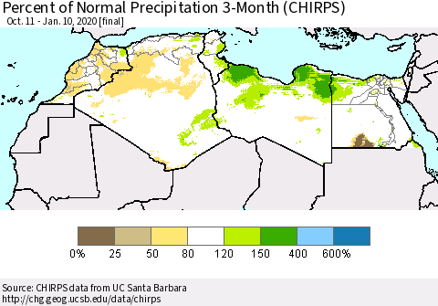 North Africa Percent of Normal Precipitation 3-Month (CHIRPS) Thematic Map For 10/11/2019 - 1/10/2020