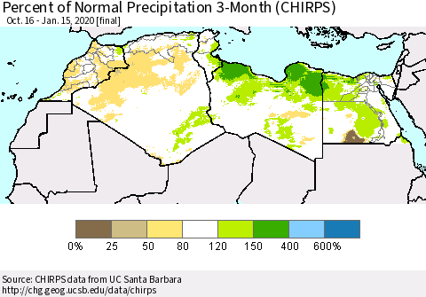 North Africa Percent of Normal Precipitation 3-Month (CHIRPS) Thematic Map For 10/16/2019 - 1/15/2020