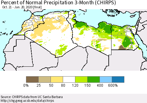 North Africa Percent of Normal Precipitation 3-Month (CHIRPS) Thematic Map For 10/21/2019 - 1/20/2020