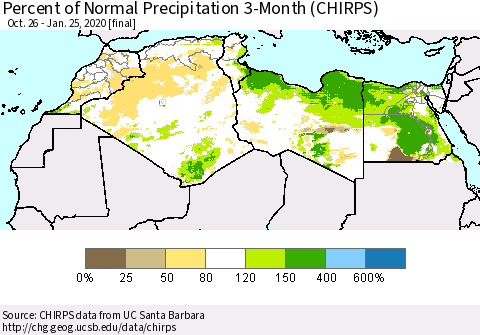 North Africa Percent of Normal Precipitation 3-Month (CHIRPS) Thematic Map For 10/26/2019 - 1/25/2020