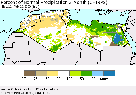 North Africa Percent of Normal Precipitation 3-Month (CHIRPS) Thematic Map For 11/11/2019 - 2/10/2020