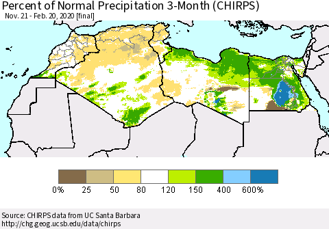 North Africa Percent of Normal Precipitation 3-Month (CHIRPS) Thematic Map For 11/21/2019 - 2/20/2020