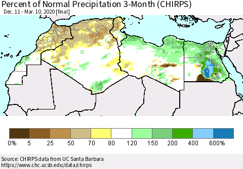 North Africa Percent of Normal Precipitation 3-Month (CHIRPS) Thematic Map For 12/11/2019 - 3/10/2020