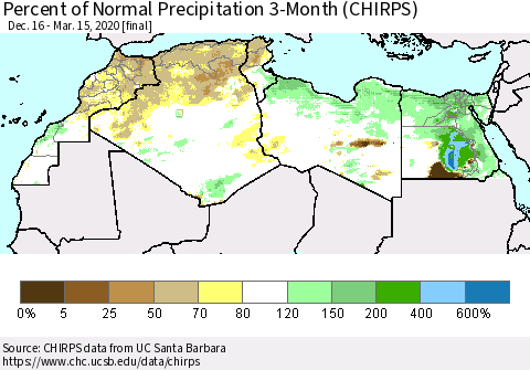 North Africa Percent of Normal Precipitation 3-Month (CHIRPS) Thematic Map For 12/16/2019 - 3/15/2020