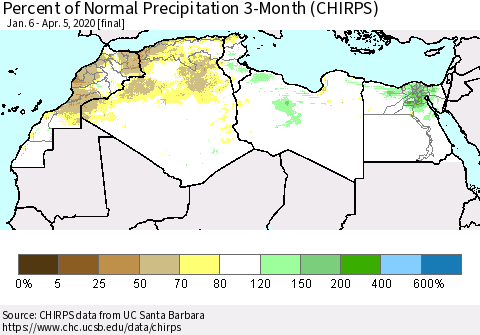 North Africa Percent of Normal Precipitation 3-Month (CHIRPS) Thematic Map For 1/6/2020 - 4/5/2020
