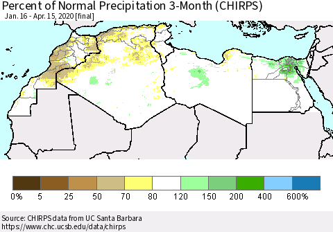 North Africa Percent of Normal Precipitation 3-Month (CHIRPS) Thematic Map For 1/16/2020 - 4/15/2020