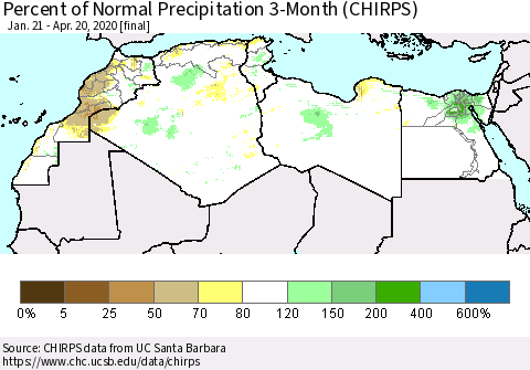 North Africa Percent of Normal Precipitation 3-Month (CHIRPS) Thematic Map For 1/21/2020 - 4/20/2020