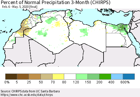 North Africa Percent of Normal Precipitation 3-Month (CHIRPS) Thematic Map For 2/6/2020 - 5/5/2020