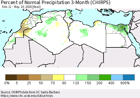 North Africa Percent of Normal Precipitation 3-Month (CHIRPS) Thematic Map For 2/11/2020 - 5/10/2020
