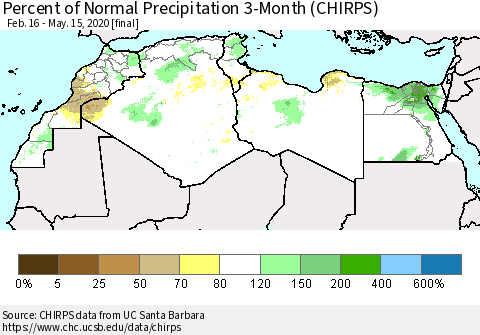 North Africa Percent of Normal Precipitation 3-Month (CHIRPS) Thematic Map For 2/16/2020 - 5/15/2020