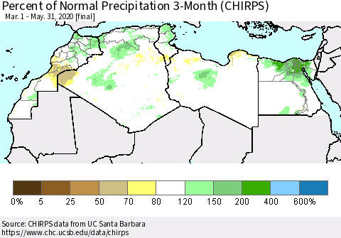 North Africa Percent of Normal Precipitation 3-Month (CHIRPS) Thematic Map For 3/1/2020 - 5/31/2020
