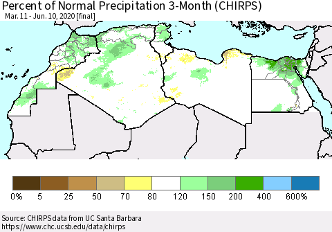 North Africa Percent of Normal Precipitation 3-Month (CHIRPS) Thematic Map For 3/11/2020 - 6/10/2020
