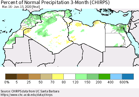 North Africa Percent of Normal Precipitation 3-Month (CHIRPS) Thematic Map For 3/16/2020 - 6/15/2020