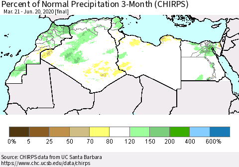 North Africa Percent of Normal Precipitation 3-Month (CHIRPS) Thematic Map For 3/21/2020 - 6/20/2020