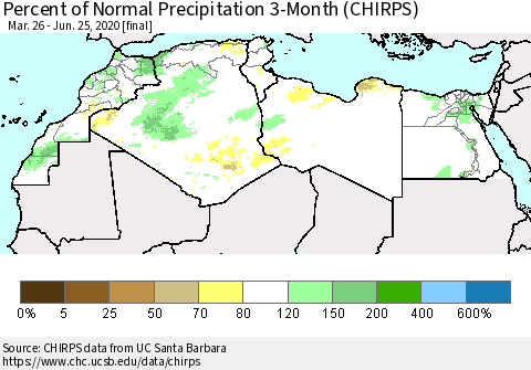 North Africa Percent of Normal Precipitation 3-Month (CHIRPS) Thematic Map For 3/26/2020 - 6/25/2020