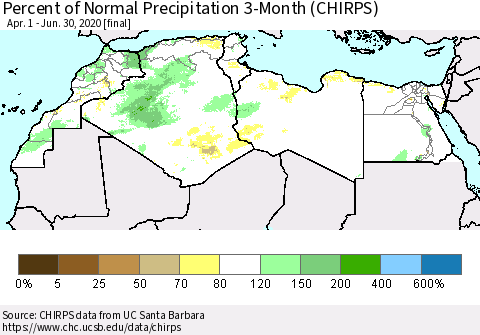 North Africa Percent of Normal Precipitation 3-Month (CHIRPS) Thematic Map For 4/1/2020 - 6/30/2020