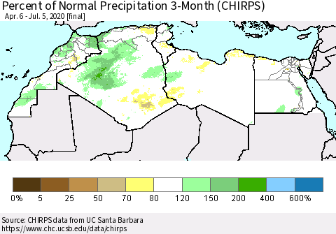 North Africa Percent of Normal Precipitation 3-Month (CHIRPS) Thematic Map For 4/6/2020 - 7/5/2020