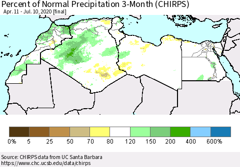 North Africa Percent of Normal Precipitation 3-Month (CHIRPS) Thematic Map For 4/11/2020 - 7/10/2020
