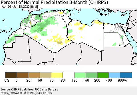 North Africa Percent of Normal Precipitation 3-Month (CHIRPS) Thematic Map For 4/16/2020 - 7/15/2020
