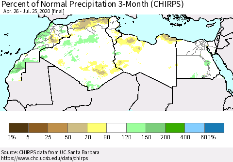 North Africa Percent of Normal Precipitation 3-Month (CHIRPS) Thematic Map For 4/26/2020 - 7/25/2020