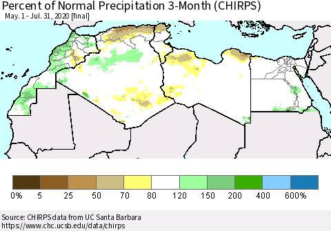 North Africa Percent of Normal Precipitation 3-Month (CHIRPS) Thematic Map For 5/1/2020 - 7/31/2020