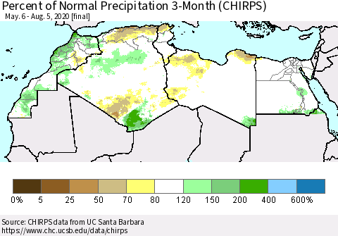 North Africa Percent of Normal Precipitation 3-Month (CHIRPS) Thematic Map For 5/6/2020 - 8/5/2020