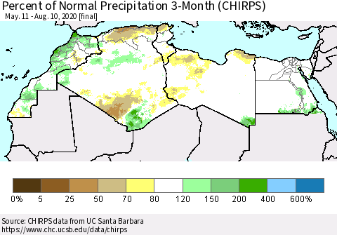 North Africa Percent of Normal Precipitation 3-Month (CHIRPS) Thematic Map For 5/11/2020 - 8/10/2020