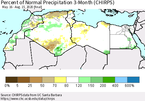 North Africa Percent of Normal Precipitation 3-Month (CHIRPS) Thematic Map For 5/16/2020 - 8/15/2020