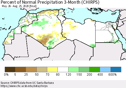 North Africa Percent of Normal Precipitation 3-Month (CHIRPS) Thematic Map For 5/26/2020 - 8/25/2020