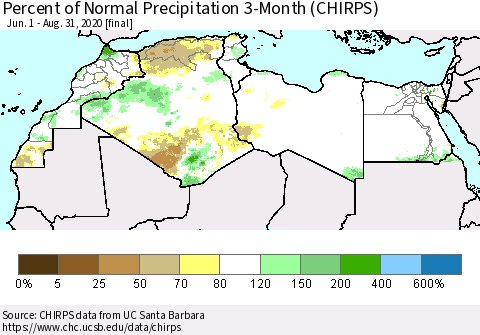 North Africa Percent of Normal Precipitation 3-Month (CHIRPS) Thematic Map For 6/1/2020 - 8/31/2020