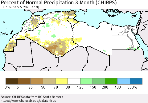 North Africa Percent of Normal Precipitation 3-Month (CHIRPS) Thematic Map For 6/6/2021 - 9/5/2021