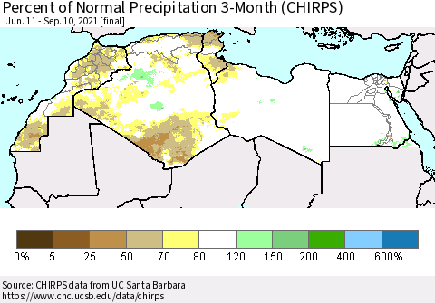 North Africa Percent of Normal Precipitation 3-Month (CHIRPS) Thematic Map For 6/11/2021 - 9/10/2021