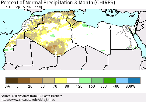 North Africa Percent of Normal Precipitation 3-Month (CHIRPS) Thematic Map For 6/16/2021 - 9/15/2021