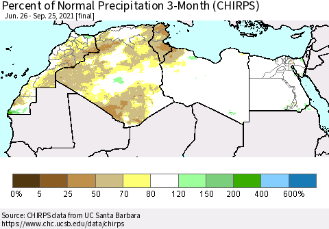 North Africa Percent of Normal Precipitation 3-Month (CHIRPS) Thematic Map For 6/26/2021 - 9/25/2021