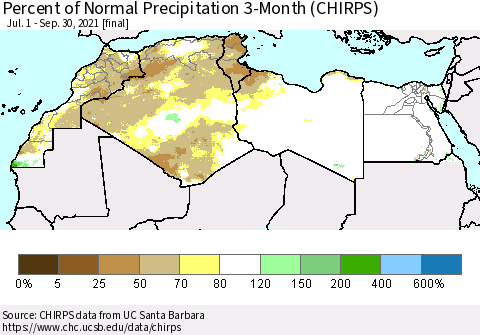 North Africa Percent of Normal Precipitation 3-Month (CHIRPS) Thematic Map For 7/1/2021 - 9/30/2021