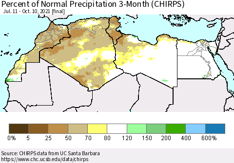 North Africa Percent of Normal Precipitation 3-Month (CHIRPS) Thematic Map For 7/11/2021 - 10/10/2021