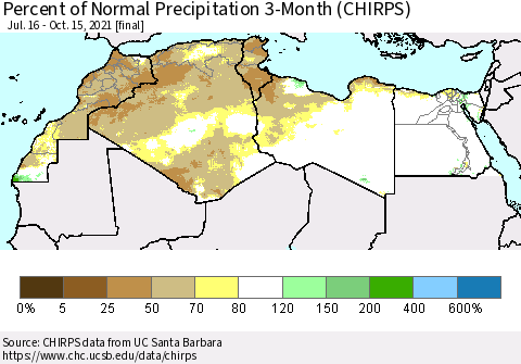 North Africa Percent of Normal Precipitation 3-Month (CHIRPS) Thematic Map For 7/16/2021 - 10/15/2021