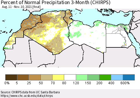 North Africa Percent of Normal Precipitation 3-Month (CHIRPS) Thematic Map For 8/11/2021 - 11/10/2021