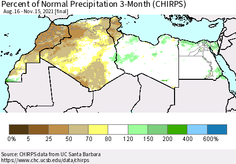 North Africa Percent of Normal Precipitation 3-Month (CHIRPS) Thematic Map For 8/16/2021 - 11/15/2021