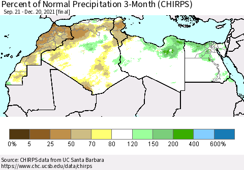 North Africa Percent of Normal Precipitation 3-Month (CHIRPS) Thematic Map For 9/21/2021 - 12/20/2021