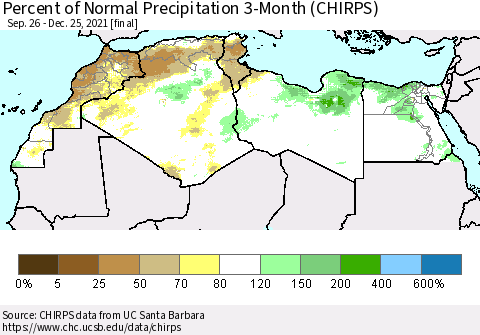 North Africa Percent of Normal Precipitation 3-Month (CHIRPS) Thematic Map For 9/26/2021 - 12/25/2021