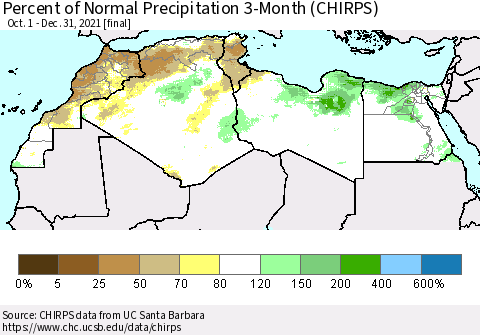 North Africa Percent of Normal Precipitation 3-Month (CHIRPS) Thematic Map For 10/1/2021 - 12/31/2021