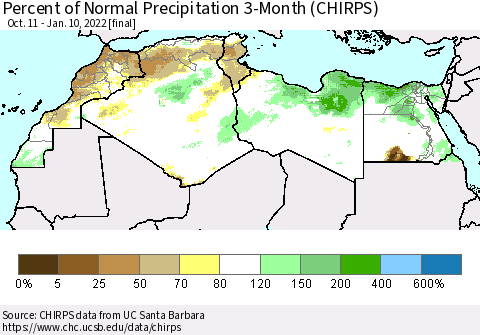 North Africa Percent of Normal Precipitation 3-Month (CHIRPS) Thematic Map For 10/11/2021 - 1/10/2022
