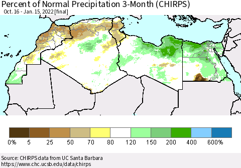 North Africa Percent of Normal Precipitation 3-Month (CHIRPS) Thematic Map For 10/16/2021 - 1/15/2022