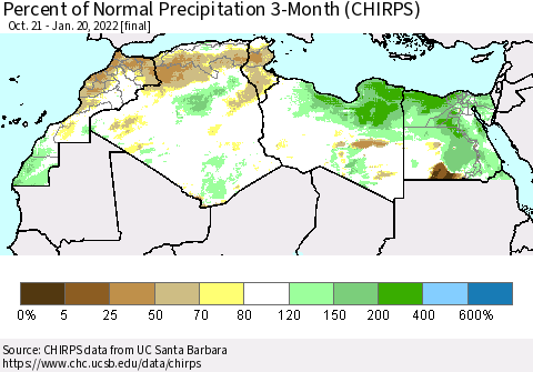 North Africa Percent of Normal Precipitation 3-Month (CHIRPS) Thematic Map For 10/21/2021 - 1/20/2022