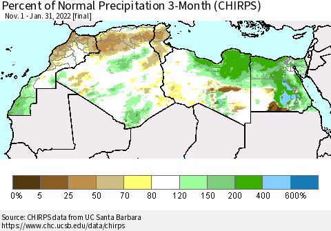 North Africa Percent of Normal Precipitation 3-Month (CHIRPS) Thematic Map For 11/1/2021 - 1/31/2022