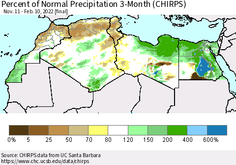 North Africa Percent of Normal Precipitation 3-Month (CHIRPS) Thematic Map For 11/11/2021 - 2/10/2022